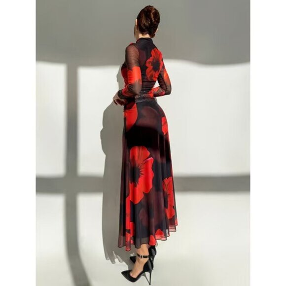 New Red Gradient Floral Print Mesh Party Long Sleeve Fitted Holiday Dress - Picture 4 of 4